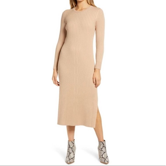 Wayf Ribbed Knit Sweater Dress Midi Tan Cutout Tie Emily x Dede Size XSmall New - Picture 11 of 11
